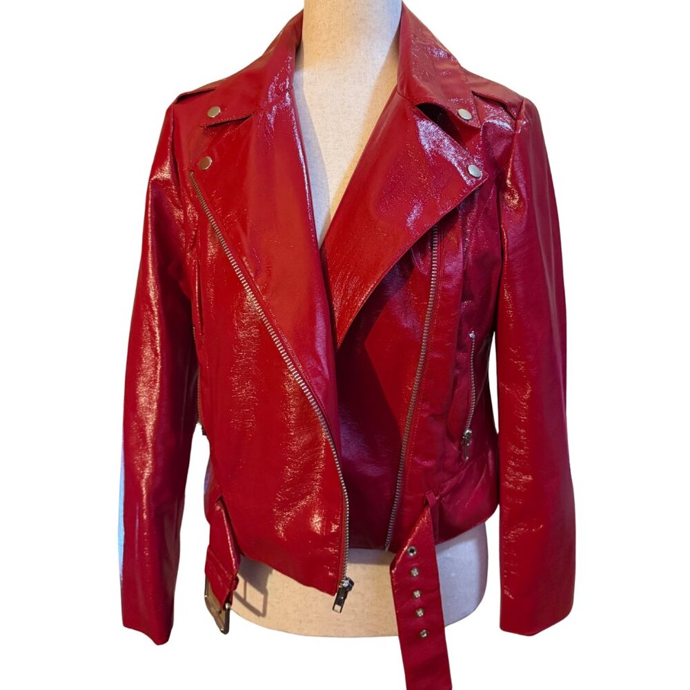 BB Dakota Red Faux Leather Moto Jacket – Size S – Pre-Loved